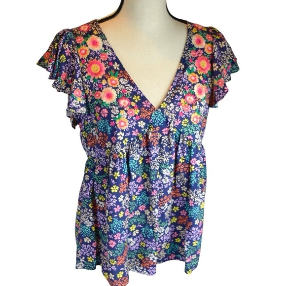 Savanna Jane‎ Embroidered Floral Print Baby Doll Top Flutter Sleeves Small NWT - Picture 2 of 9